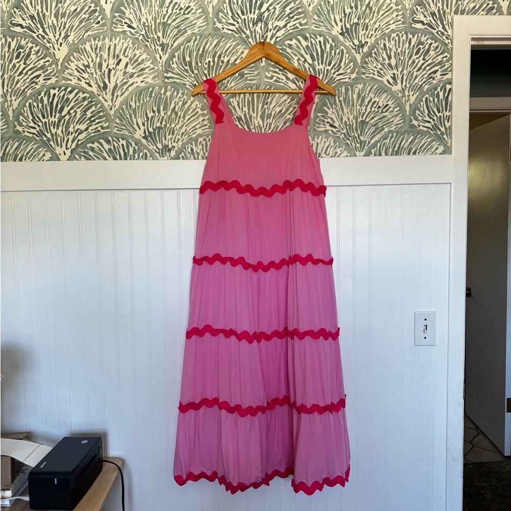 Confete Coco Pink Ruffle Ric Rac Maxi Main Strip Dress in Women's Small